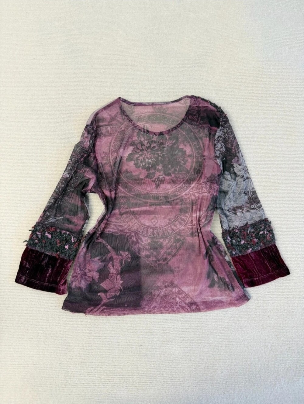 Y2K Gothic Purple Long Sleeve Sheer Floral Mesh  Patchwork Top Size M/ US 8-10 - Picture 4 of 17